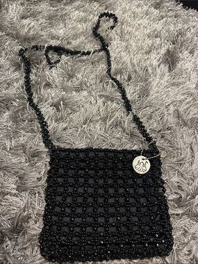 Beaded Crossbody Bag with Logo Charm - Black